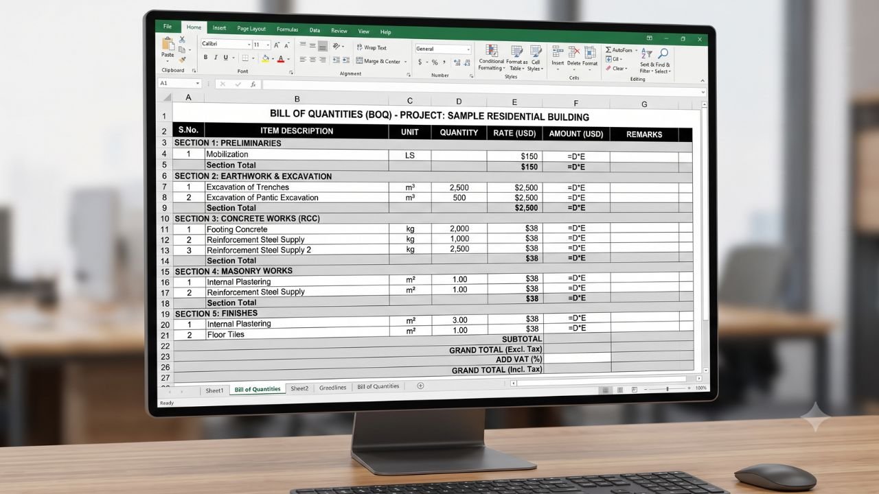 BOQ Template for Construction Excel