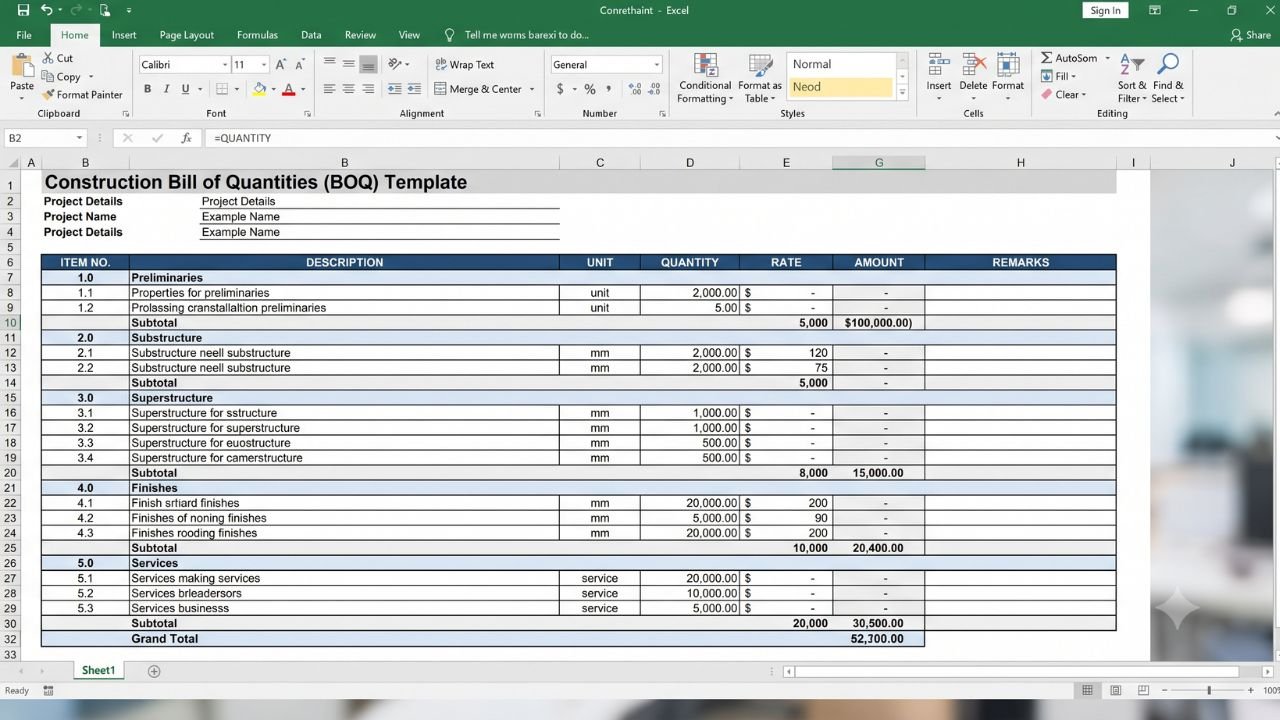 Construction BOQ Template Excel