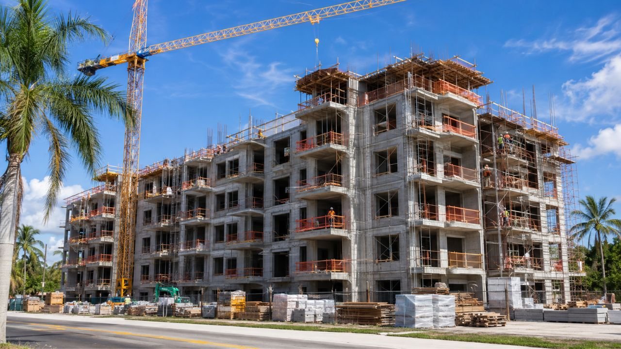 A 20-unit apartment complex under construction in Florida with cranes, reinforced concrete framing, scaffolding, and construction workers on-site.