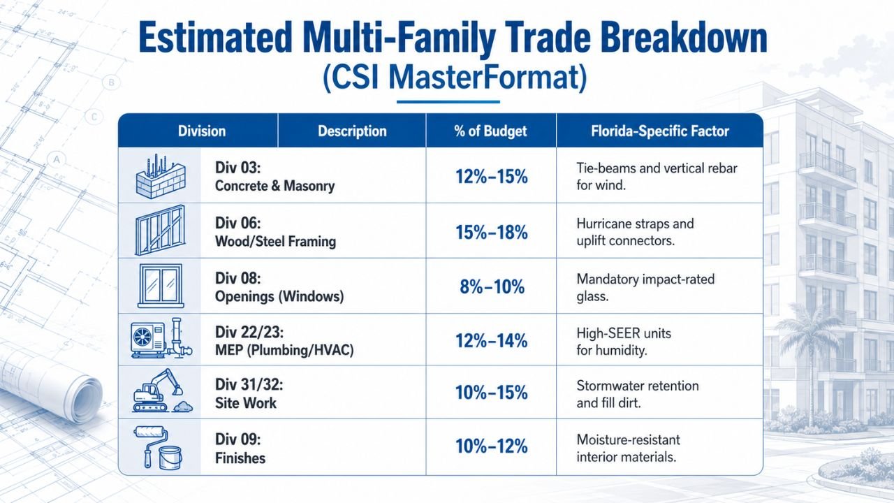CSI MasterFormat trade breakdown chart showing construction budget percentages for concrete, framing, openings, MEP, site work, and finishes in a Florida multifamily apartment project.