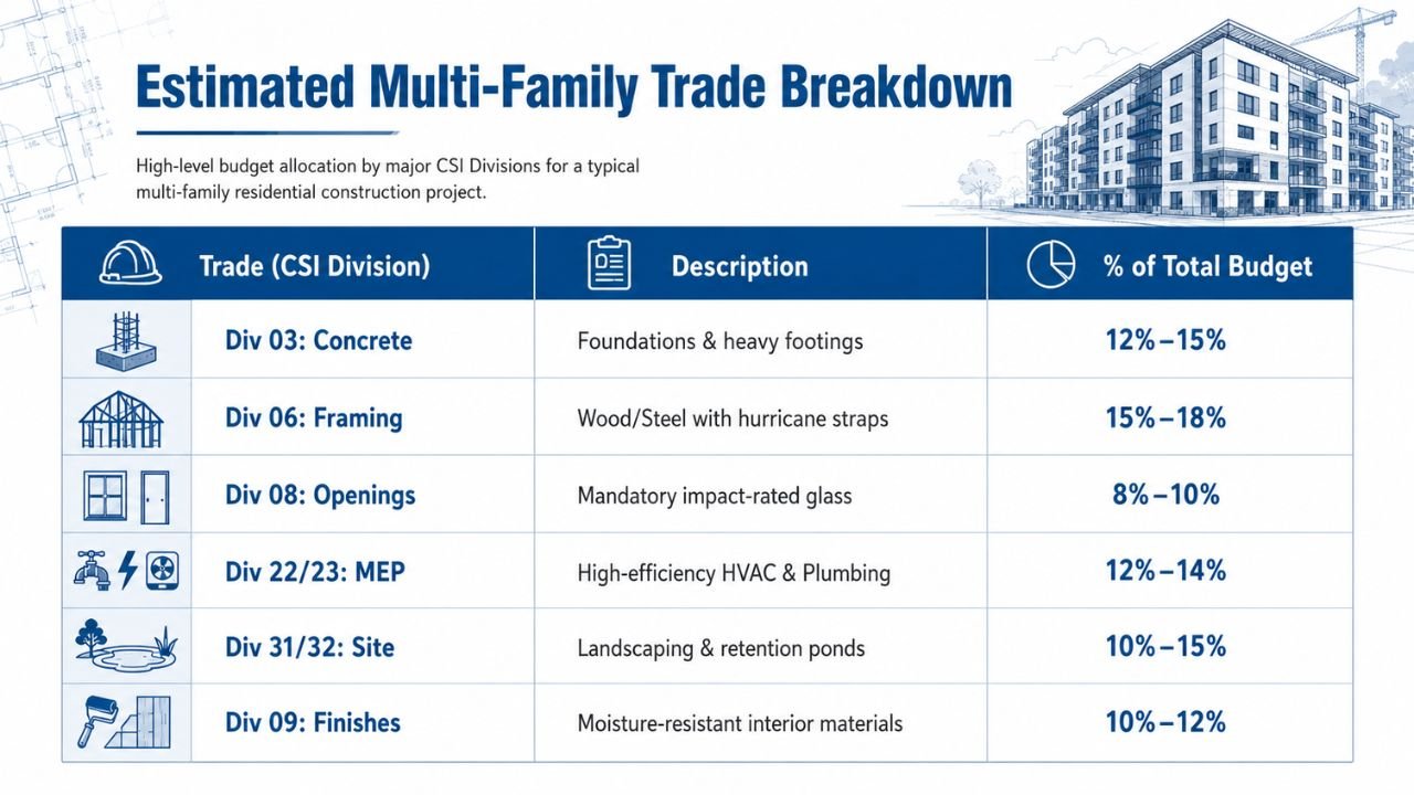 Trade breakdown chart showing CSI divisions and estimated budget allocation percentages for a multi-family apartment construction project, including concrete, framing, MEP, finishes, and site work.