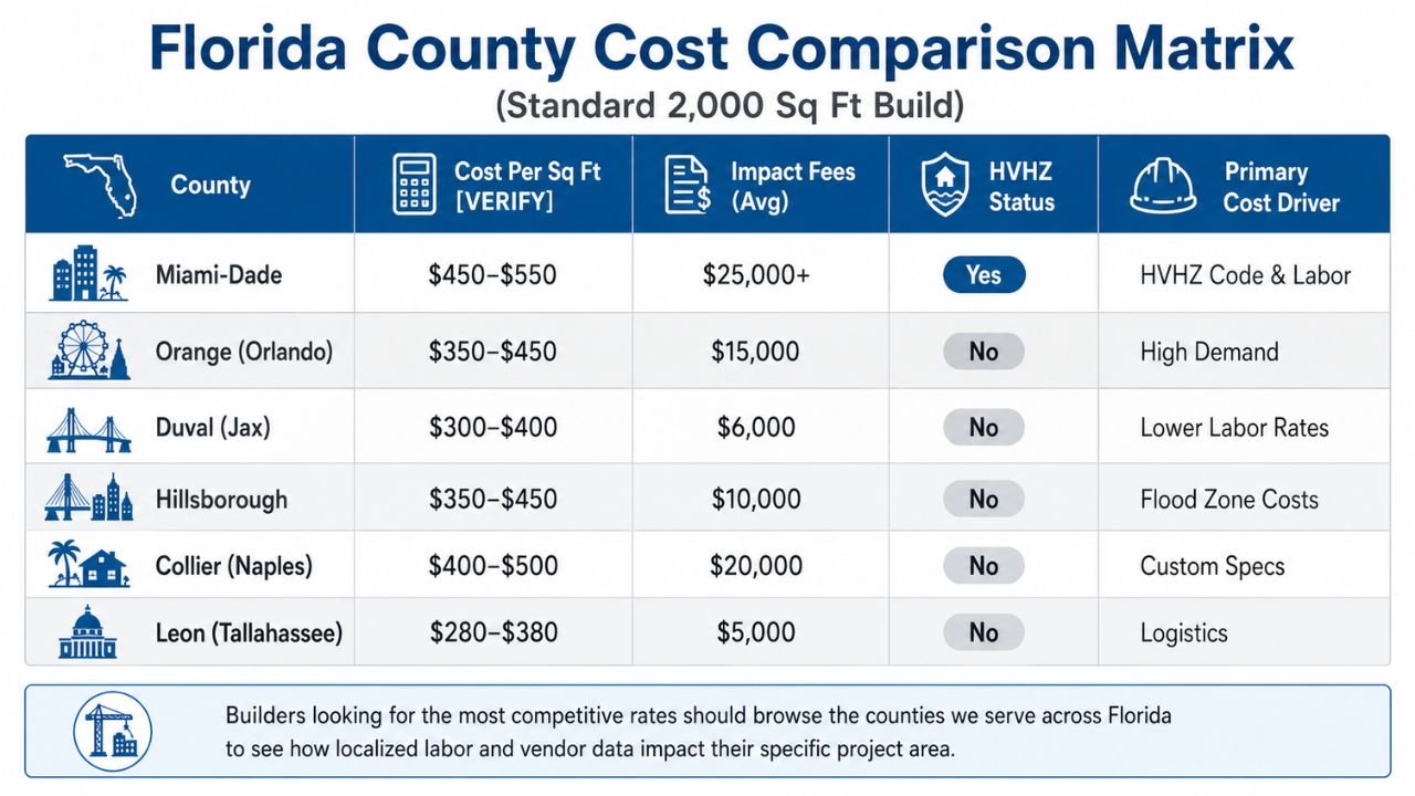 Comparison matrix showing estimated construction costs for a standard 2,000 sq ft home across Florida counties, including cost per square foot, impact fees, HVHZ status, and primary cost drivers.