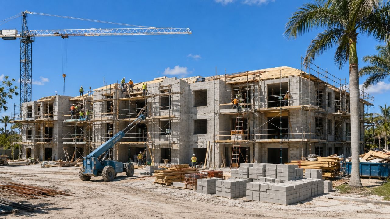 A 10-unit apartment complex under construction in Florida with masonry walls, scaffolding, tower crane, construction workers, and building materials on-site.