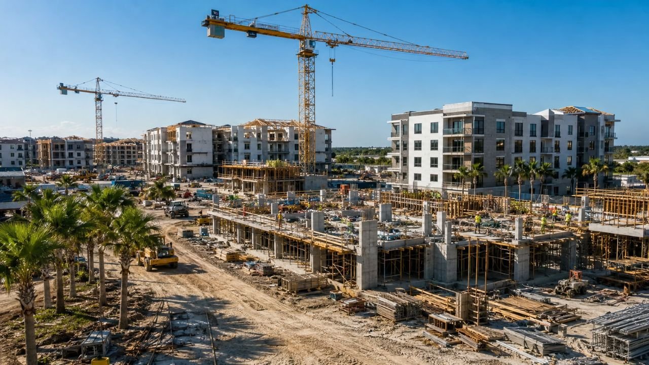 Large 100-unit apartment complex under construction in Florida with multiple cranes, reinforced concrete structures, construction workers, and active commercial job site.