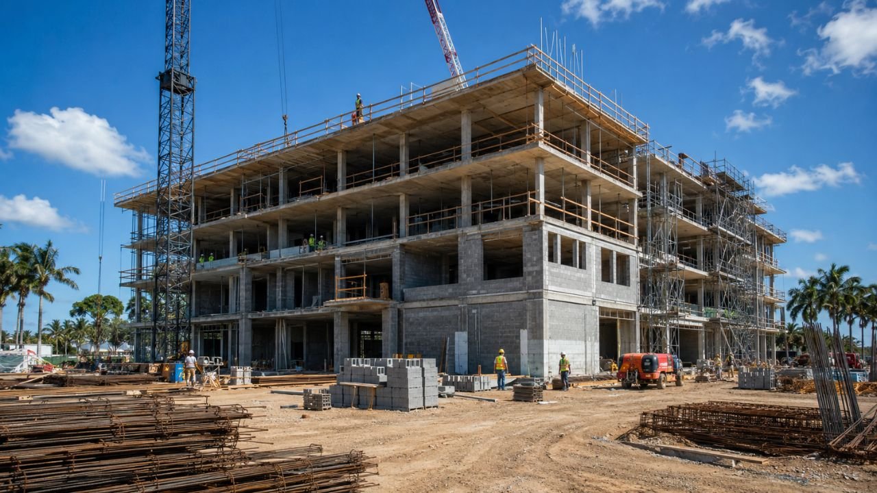 Four-story commercial building under construction in Florida with reinforced concrete structure, tower crane, scaffolding, and construction workers on site.