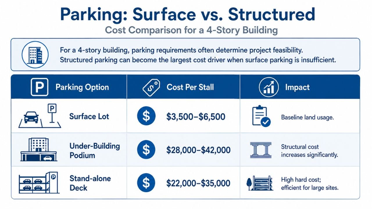 Comparison chart showing surface parking, under-building podium parking, and stand-alone parking deck costs for a 4-story building in Florida.