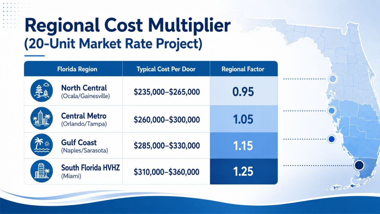 Regional cost multiplier chart comparing construction costs for a 20-unit market-rate apartment project across North Central, Central Metro, Gulf Coast, and South Florida regions.