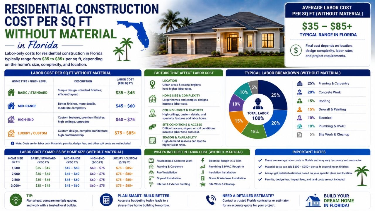 Residential Construction Cost Per Sq Ft Without Material in Florida