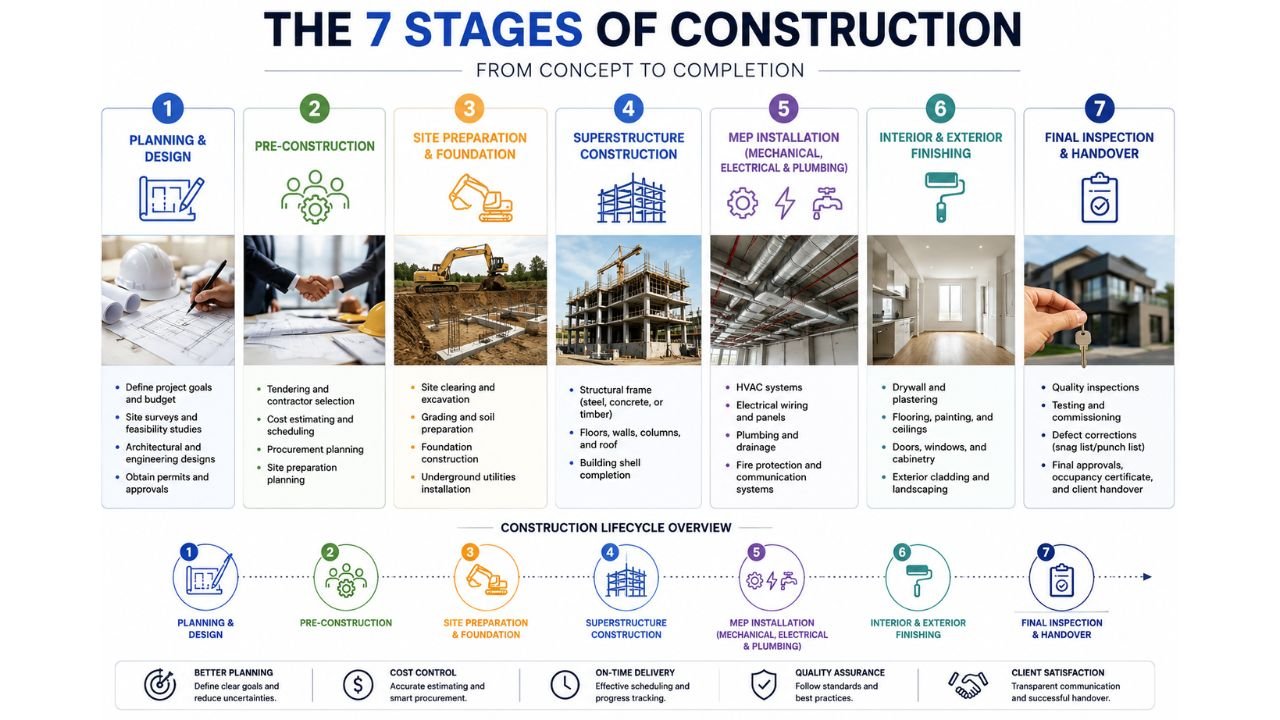 What are the 7 stages of construction