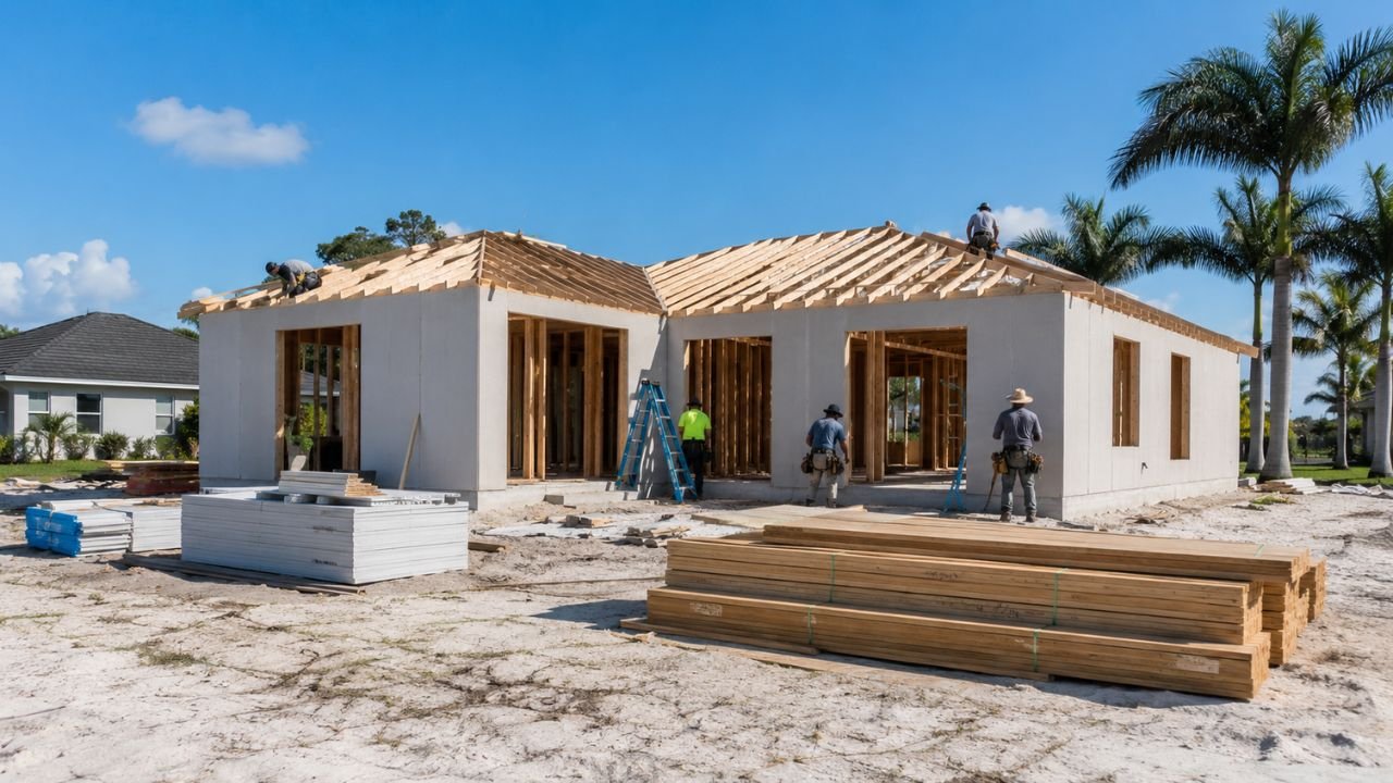 Single-story house under construction in Florida using cost-effective building methods with wood framing, roofing installation, and construction workers on site.
