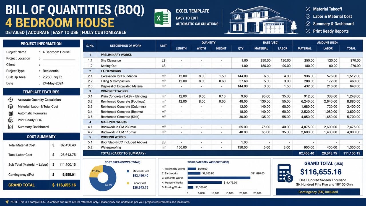 bill of quantities for a 4 bedroom house excel in florida