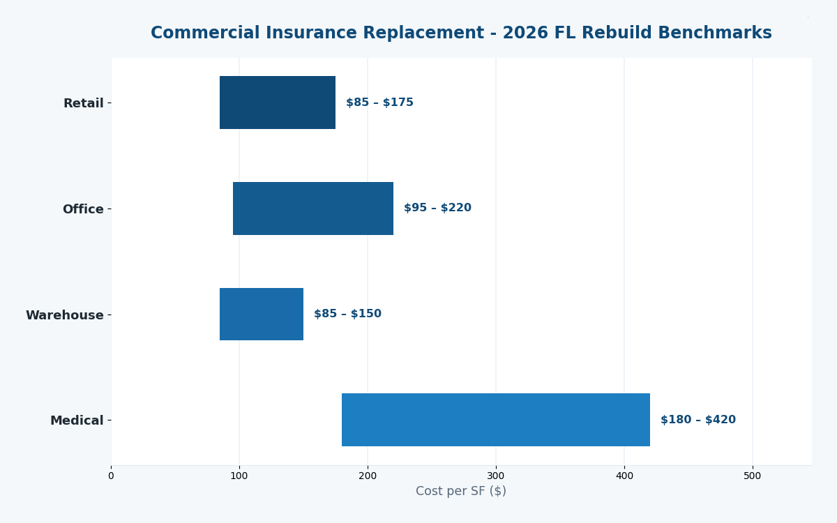 Florida commercial building insurance replacement cost estimator 2026 rebuild benchmarks