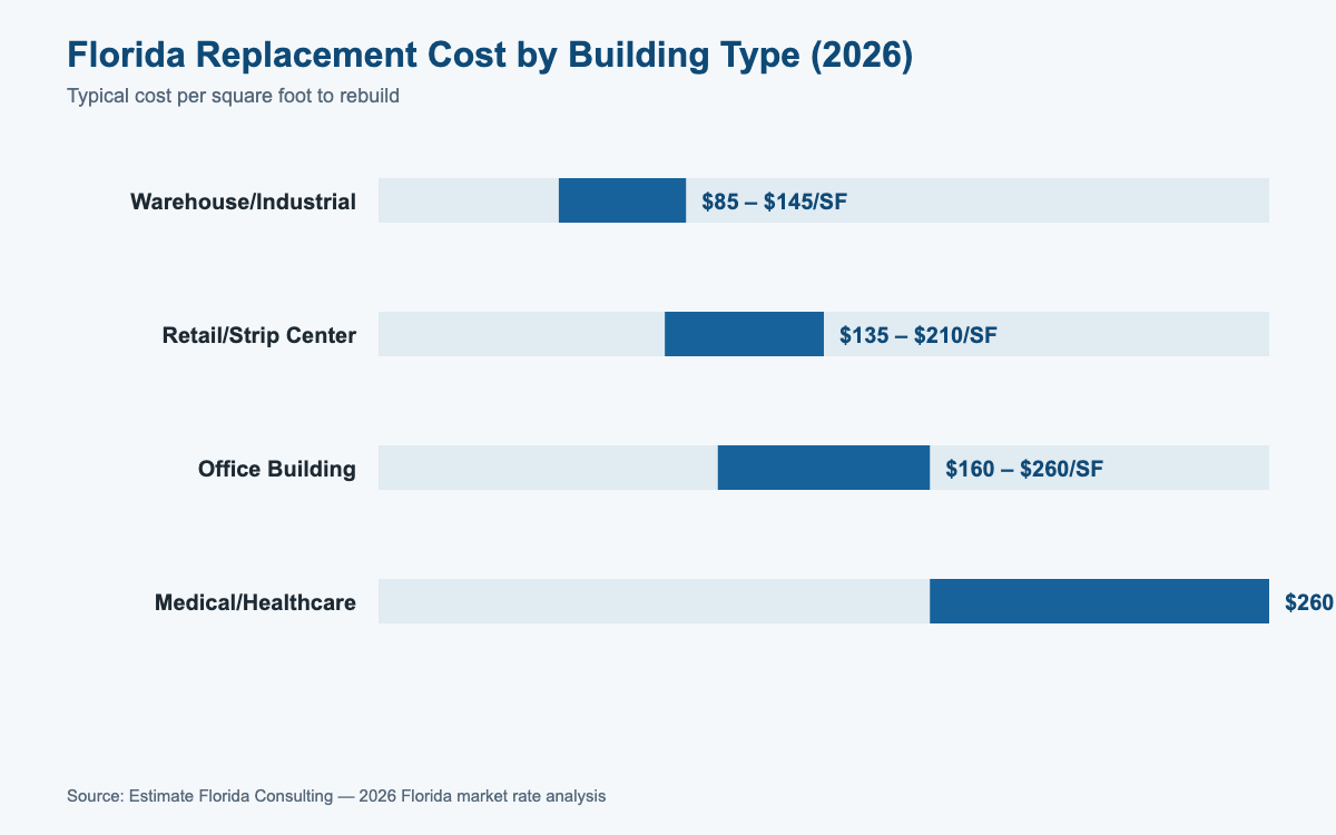 Florida commercial building replacement cost estimator 2026 pricing by building type