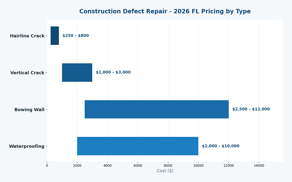 Florida construction defect repair cost estimator 2026 pricing by type