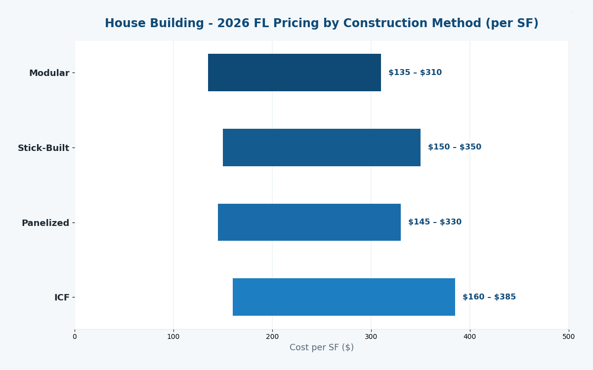 Florida house building cost estimator 2026 pricing by construction method