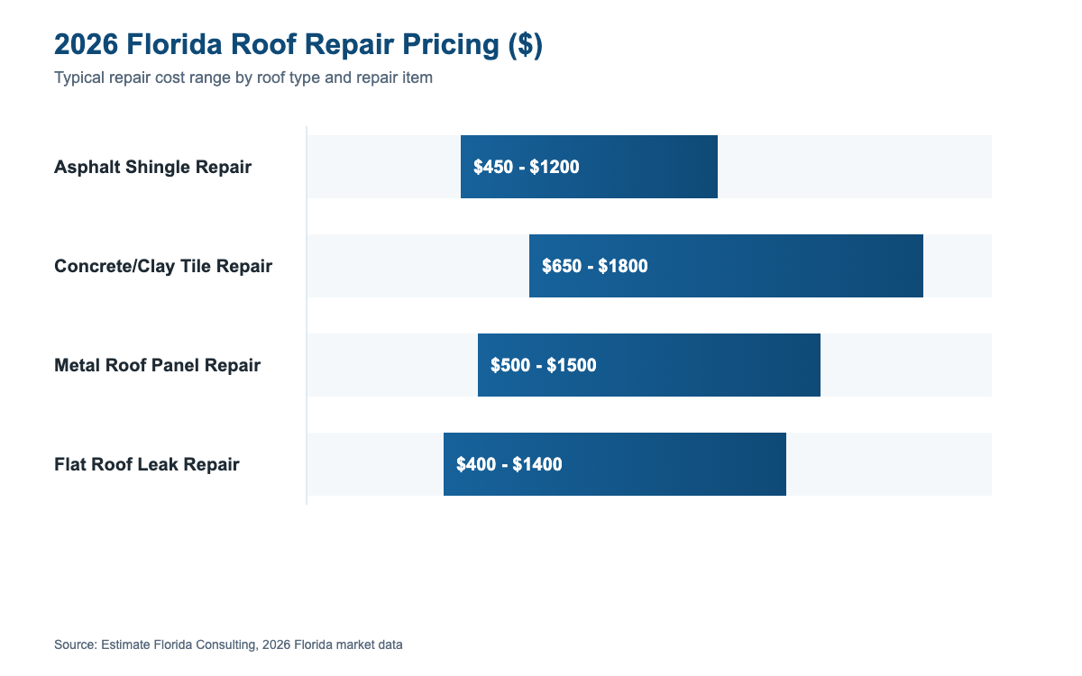 Florida roof repair cost estimator 2026 price ranges by repair type