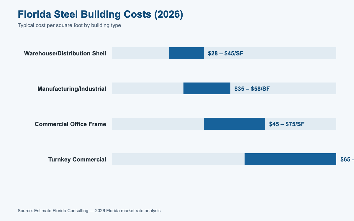 Florida steel building cost estimator 2026 pricing by building type