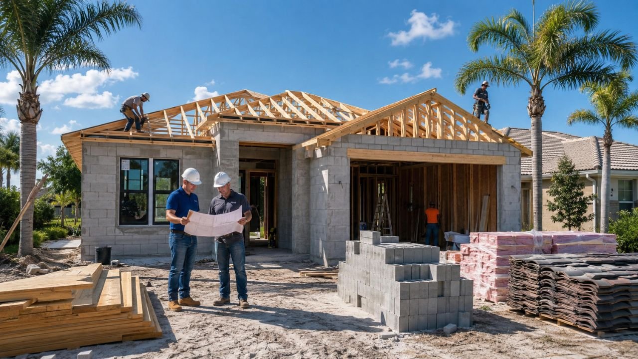 1,500 sq ft house under construction in Florida with workers, framing, concrete blocks, and building materials