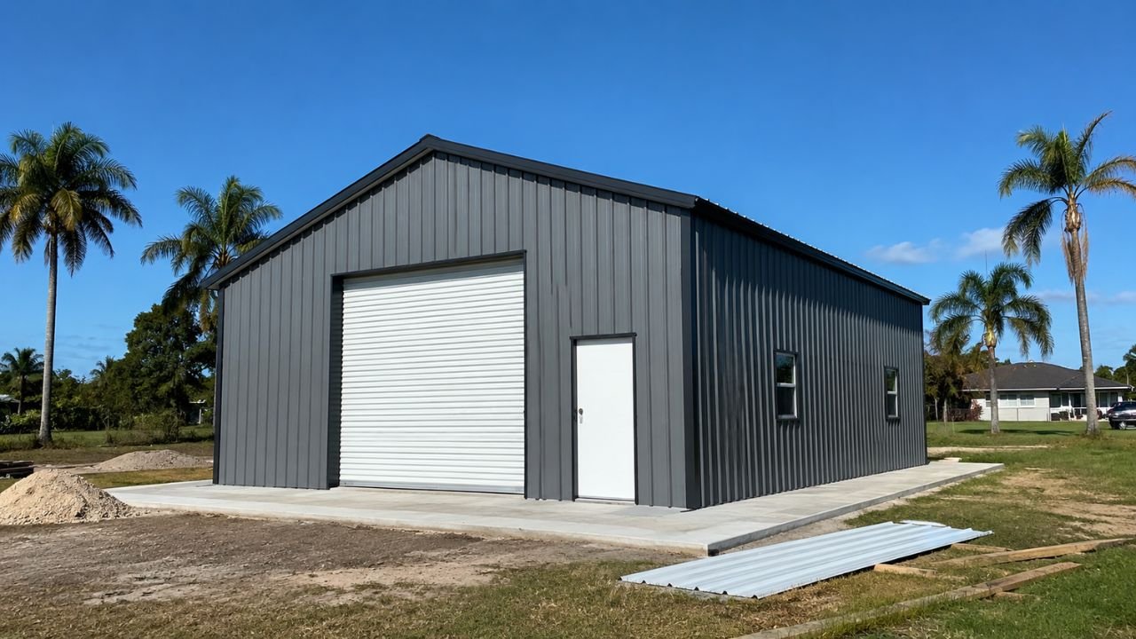 20x40 steel metal building with a concrete slab foundation in Florida featuring a roll-up garage door, side entry door, and durable metal siding.
