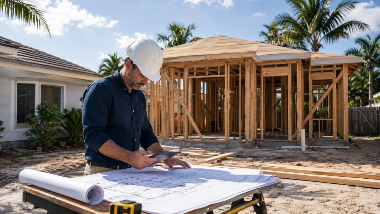 ADU cost estimator in Florida showing a construction professional reviewing building plans for an accessory dwelling unit