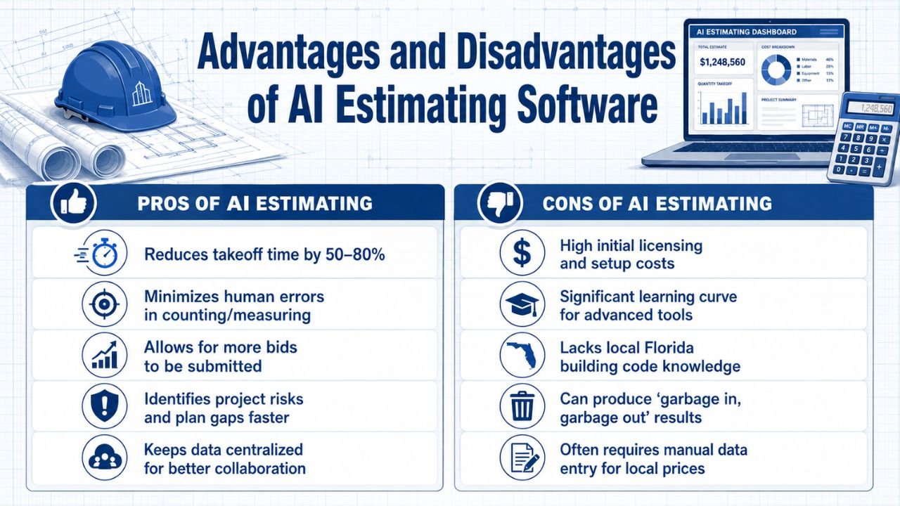Advantages and disadvantages of AI estimating software showing faster construction takeoffs, reduced errors, centralized data, costs, learning curves, and Florida pricing limitations.
