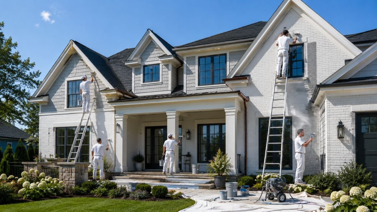 Professional exterior house painters applying paint to a residential home