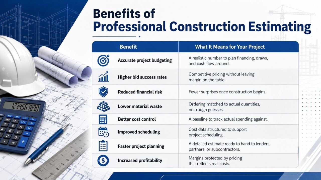 Benefits of professional construction estimating, including accurate budgeting, better cost control, reduced financial risk, and increased profitability.