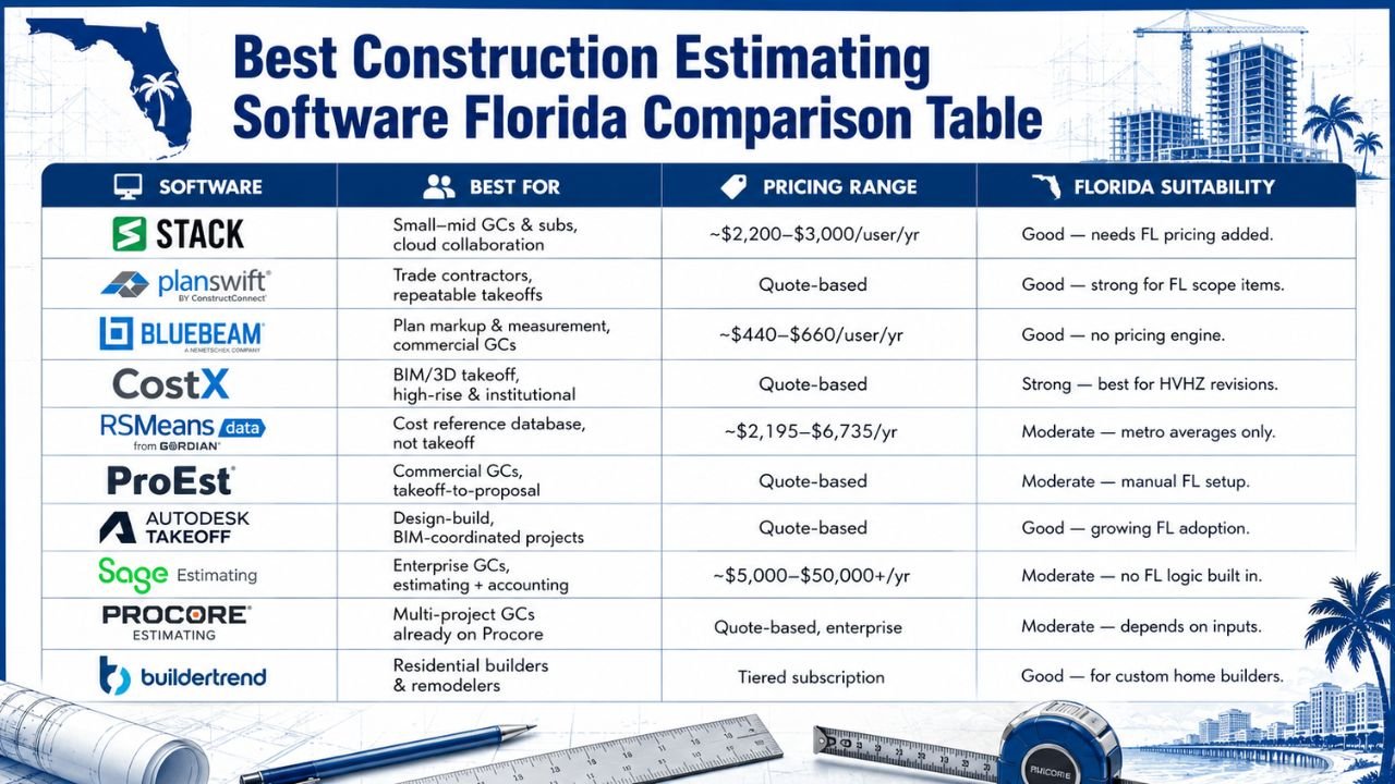 Comparison table of the best construction estimating software for Florida, including STACK, PlanSwift, Bluebeam, CostX, RSMeans Data, ProEst, Autodesk Takeoff, Sage Estimating, Procore Estimating, and Buildertrend.