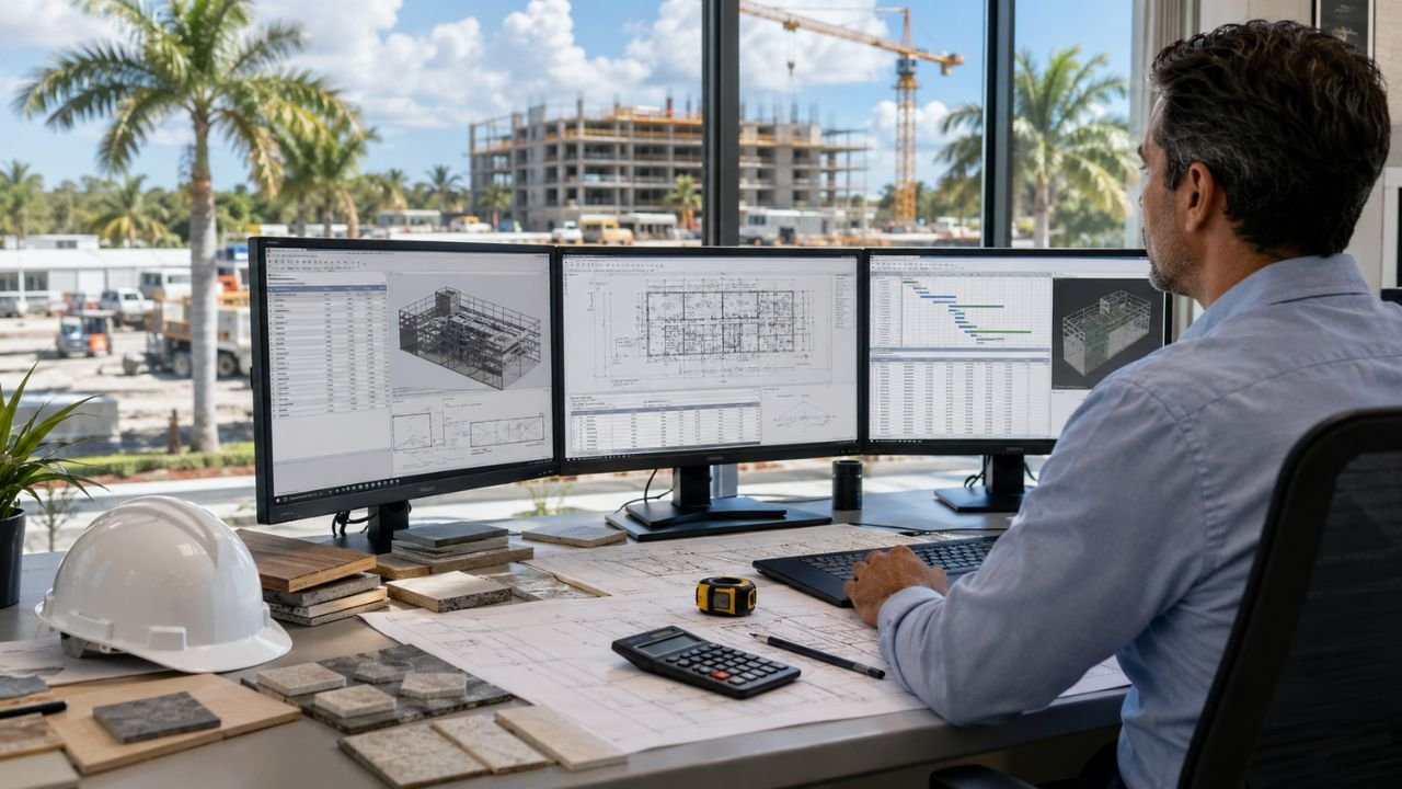 Small business construction estimator using estimating software, BIM models, blueprints, and project scheduling tools in a Florida construction office.