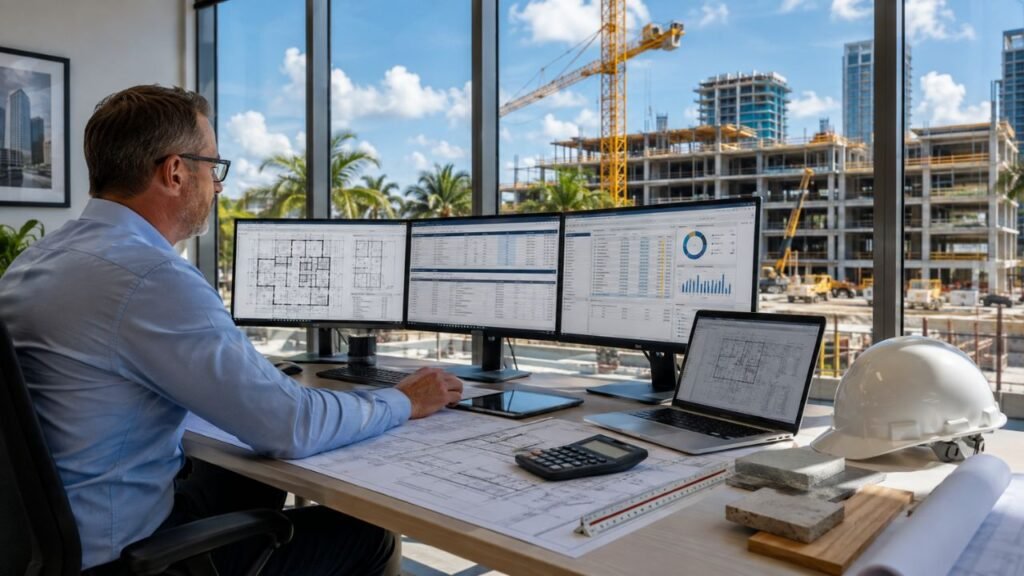 Construction estimator using estimating software on multiple monitors with project plans, cost reports, and a commercial construction site visible through the office window in Florida.