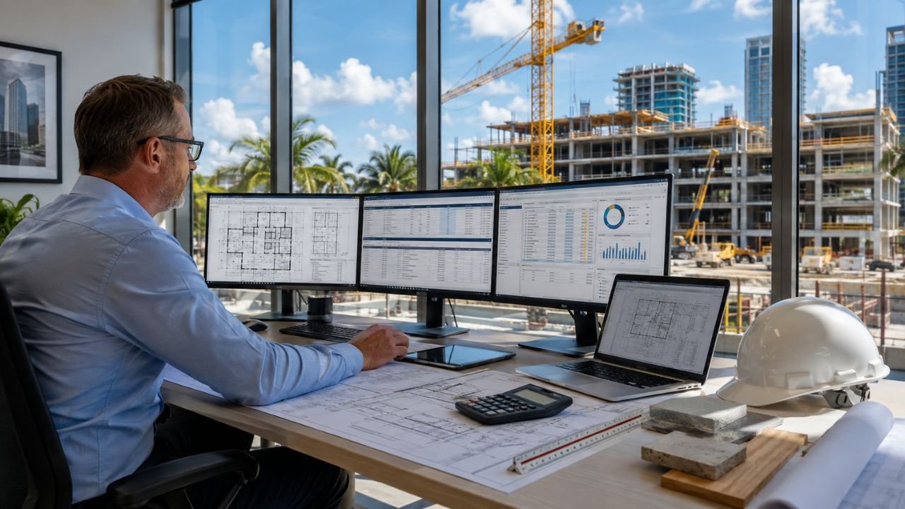 Construction estimator using estimating software on multiple monitors with project plans, cost reports, and a commercial construction site visible through the office window in Florida.