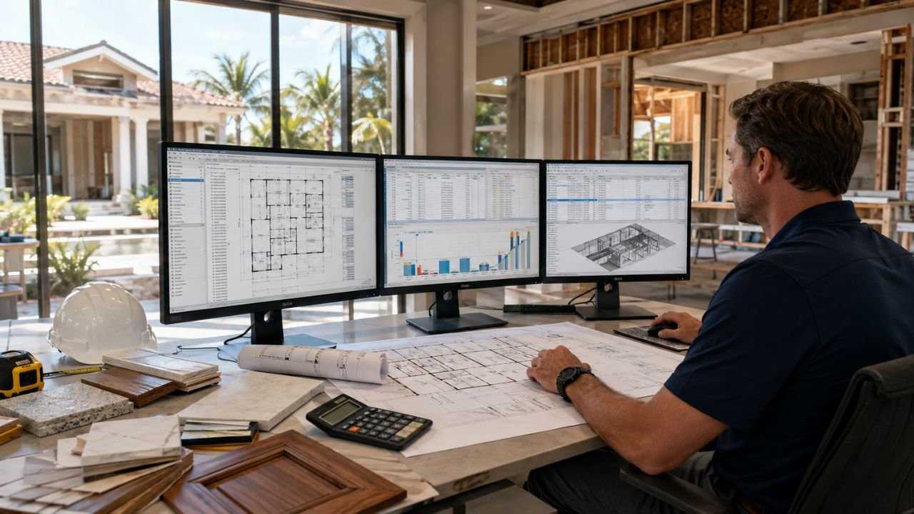 Home remodeling estimator using construction estimating software with blueprints, project cost dashboards, and renovation plans in a Florida residential renovation project.