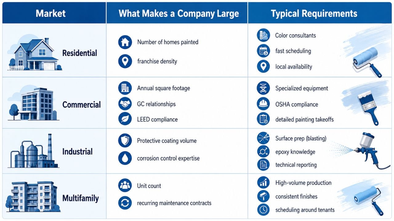 Comparison of residential, commercial, industrial, and multifamily painting company requirements