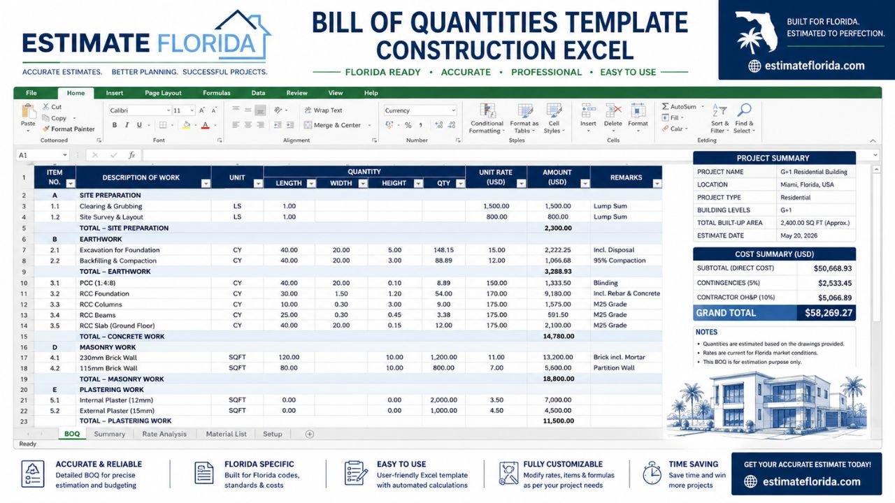 Bill of quantities template construction Excel in Florida