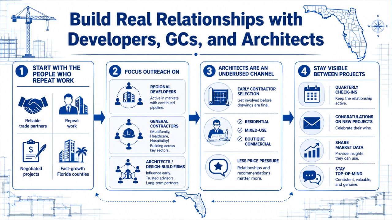 Infographic explaining how Florida contractors can build lasting relationships with developers, general contractors (GCs), and architects to win more construction projects through networking, outreach, and follow-up.