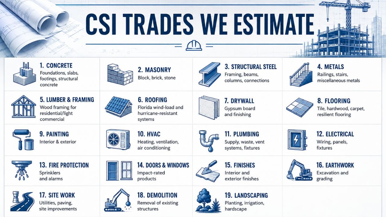 CSI construction estimating trades including concrete, masonry, structural steel, roofing, drywall, HVAC, plumbing, electrical, fire protection, and sitework in Florida.