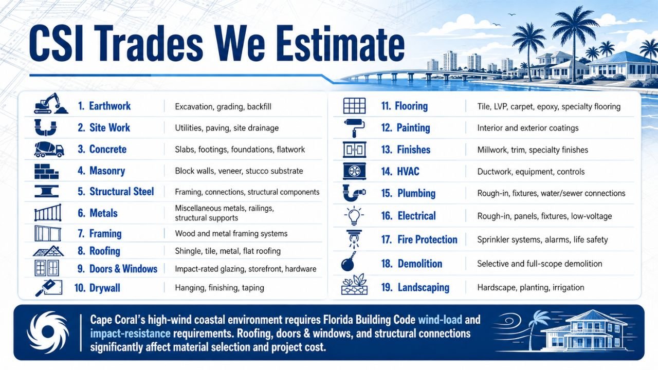 CSI construction trades estimating graphic showing earthwork, concrete, masonry, structural steel, framing, roofing, HVAC, plumbing, electrical, flooring, and other trades in Cape Coral, Florida.