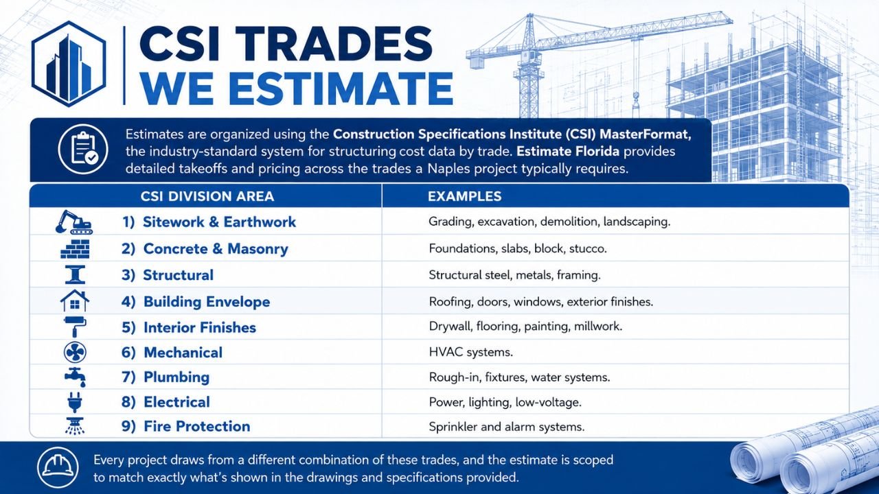 CSI construction estimating trades including sitework, concrete, structural, building envelope, interior finishes, mechanical, plumbing, electrical, and fire protection.