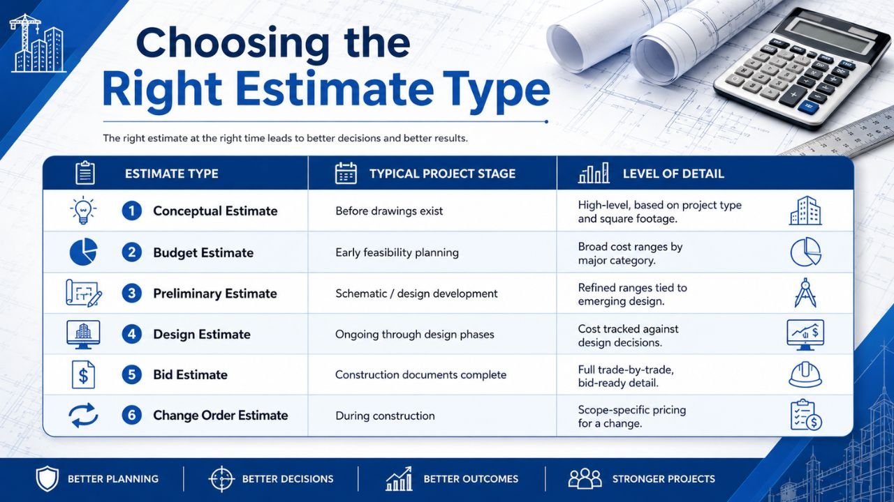 Infographic showing how to choose the right construction estimate type, including conceptual, budget, preliminary, design, bid, and change order estimates.
