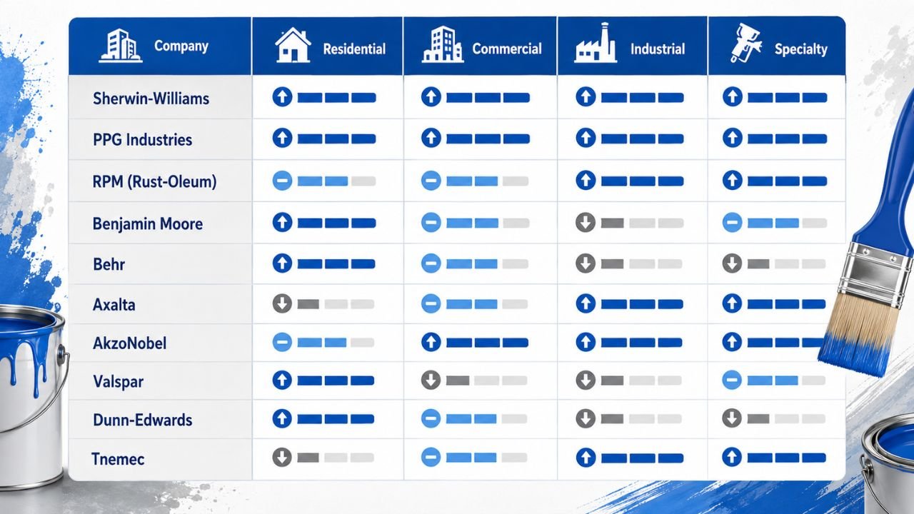 Comparison of the top 10 paint companies in the USA across residential, commercial, industrial, and specialty paint categories