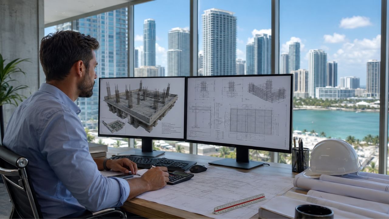 Concrete estimator in Miami reviewing structural plans and concrete quantity takeoffs