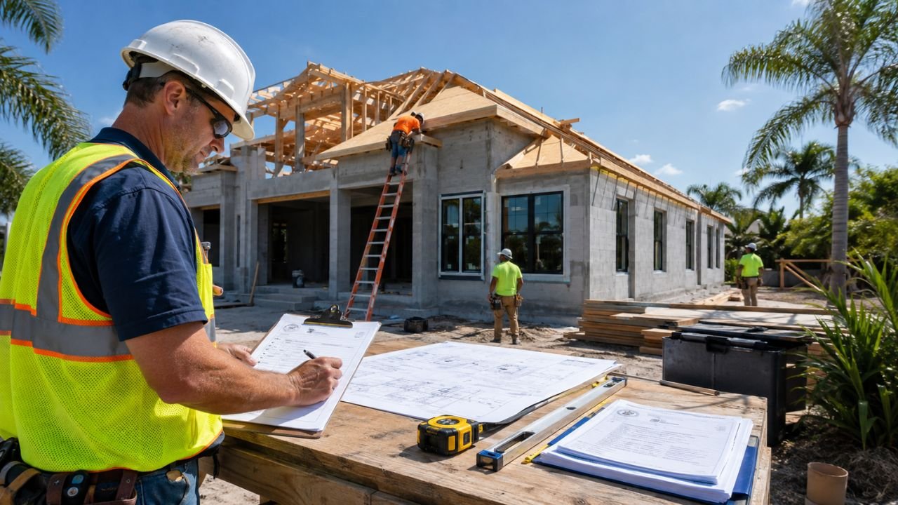 Construction inspector reviewing building plans and permit documents at a residential house construction site in Florida during the framing stage.