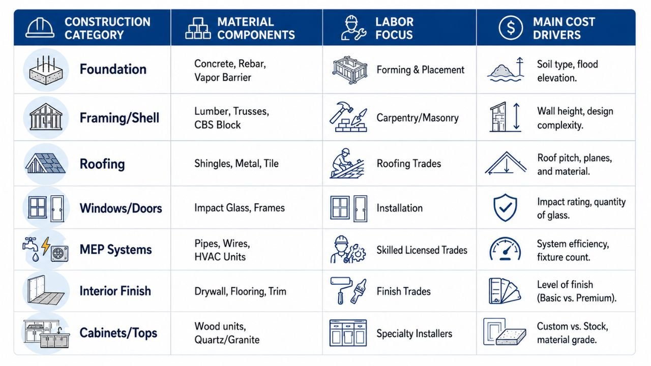 Construction cost breakdown by trade category showing materials, labor, and major cost drivers