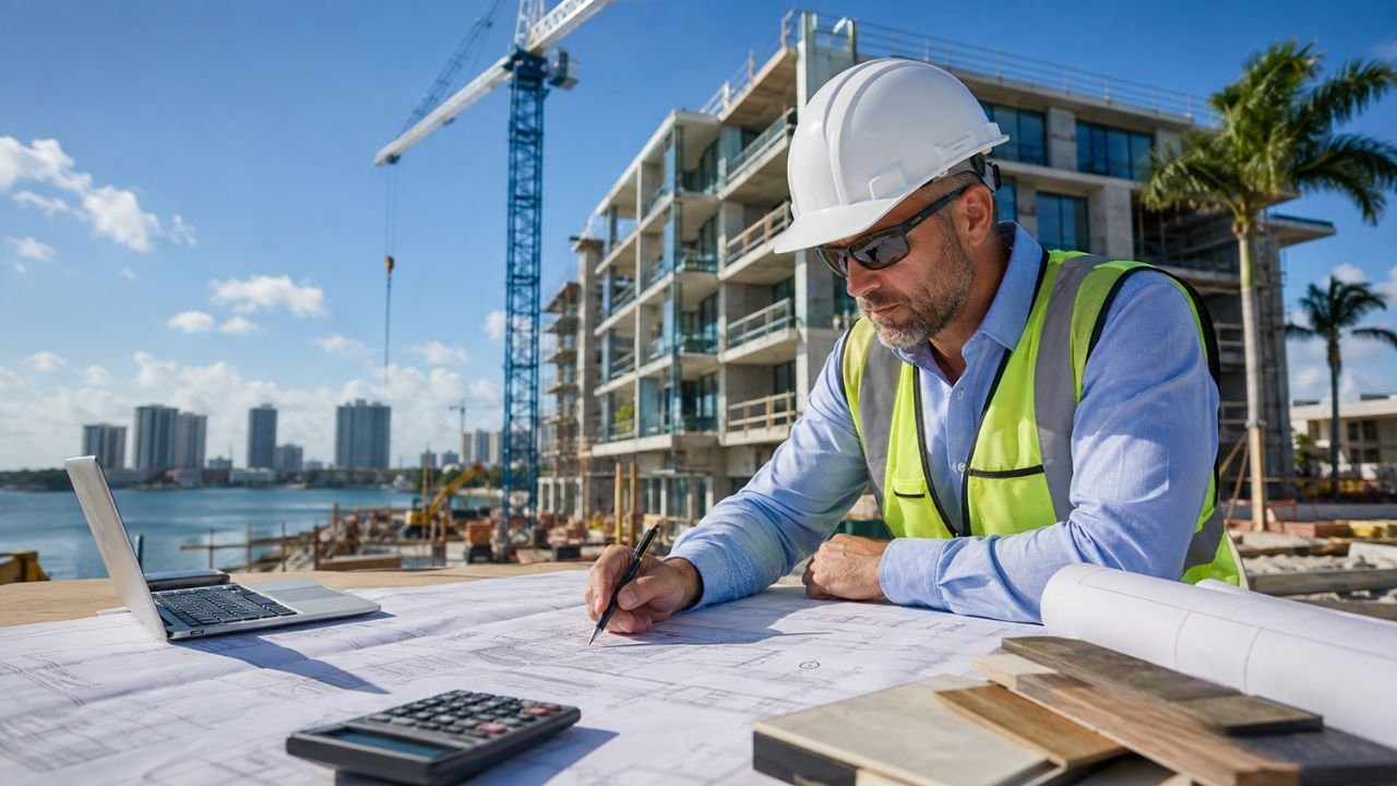 Professional construction estimator reviewing architectural plans and calculating project costs at a Fort Myers, Florida construction site.