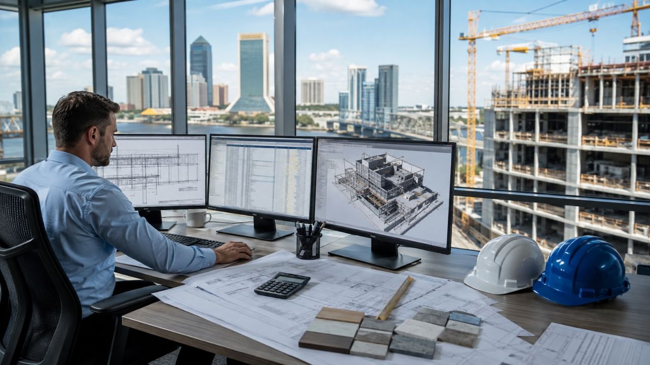 Construction estimator reviewing architectural plans, cost data, and a 3D building model for a Jacksonville construction project.