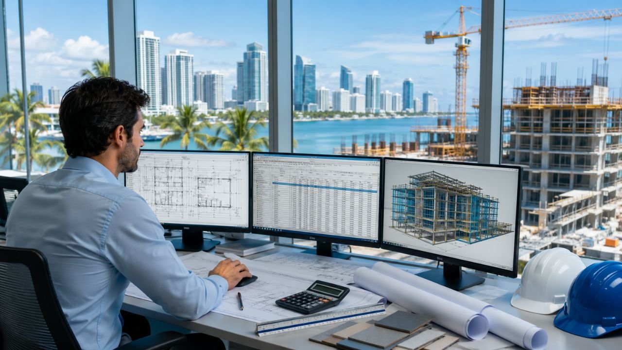 Construction estimator reviewing building plans, cost data, and 3D models for a Miami construction project with a high-rise development in the background.