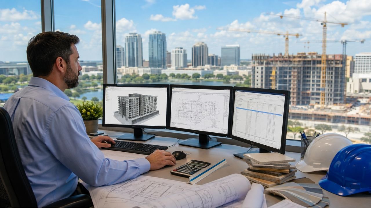 Construction estimator reviewing 3D building models, architectural plans, and cost data for an Orlando construction project.