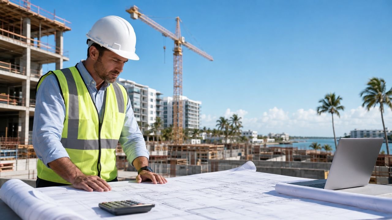 Construction estimator reviewing blueprints at a Sarasota construction site with cranes, buildings, and coastal Florida surroundings.