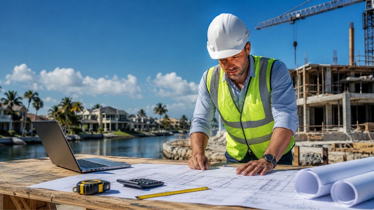 Construction estimator reviewing building plans at a Cape Coral, Florida construction site with a laptop, measuring tape, and active construction project.