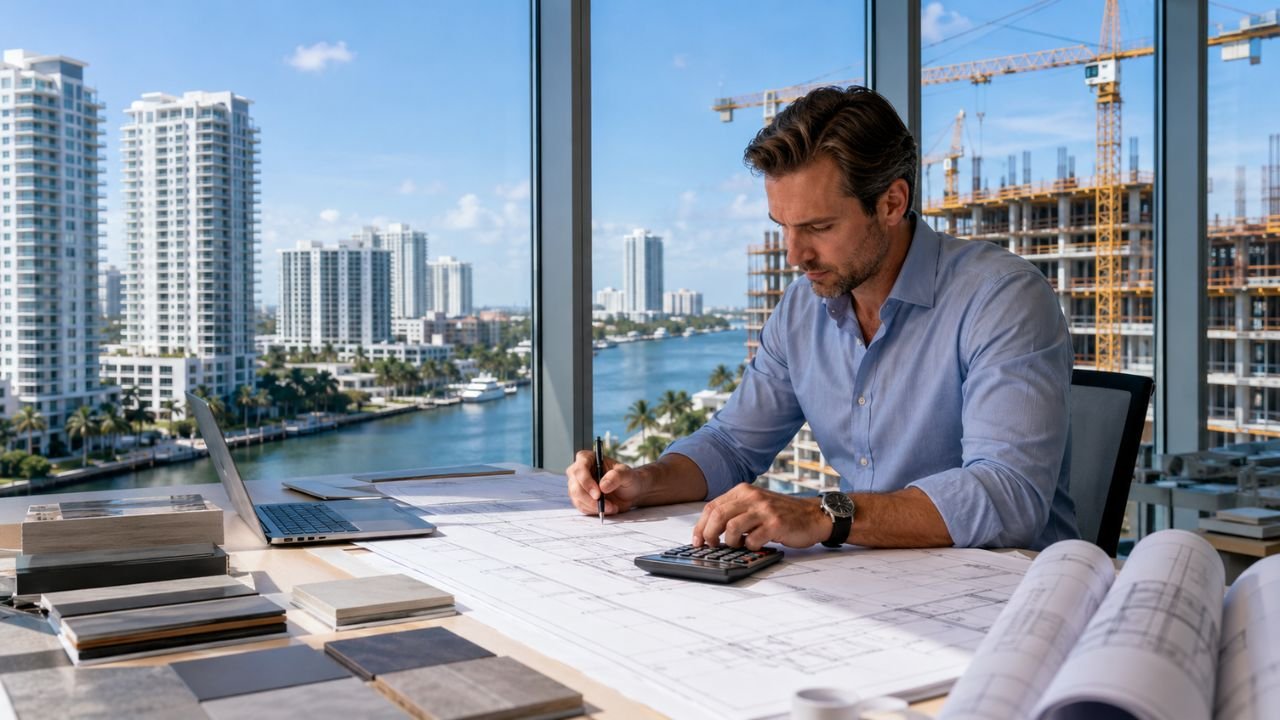 Professional construction estimator reviewing building plans and calculating project costs in Naples, Florida.